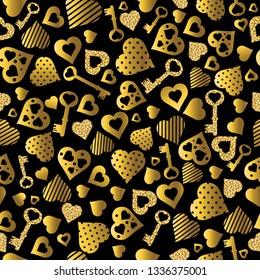 Seamless valentines pattern with golden glittering hearts and keys. Gold Seamless pattern. Repeatable valentines day design. Can be used for fabric, scrap booking, wallpaper, web, invitation, vector