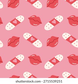 Patrón de San Valentín sin fisuras con labios y Elementos de vendaje en rosa y rojo. Ilustración vectorial.
