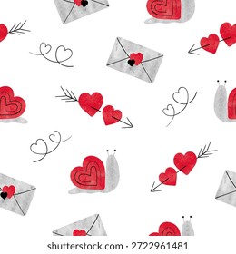 Padrão sem costura Valentines com cartas de amor, setas e corações. Ilustração de vetor aquarela