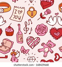 Seamless Valentine's pattern  vector illustration  include hand drawn design element: heart  ring  diamond  wings  present  cake  camera  toy  candle  wine  angel  rose  bird  lips  music  message