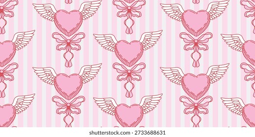 Patrón de San Valentín sin fisuras, corazón alado y arcos. Modelo inconsútil con los corazones alados y los lazos de la cinta en el fondo rayado rosado y blanco. Diseño repetitivo romántico para impresión textil y decoración de San Valentín.