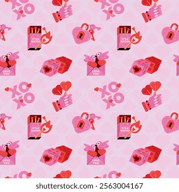 Seamless Valentine's-themed pattern featuring heart-shaped locks, keys, matches, candy hearts, lovebirds, envelopes, and dice, set against a light pink background.