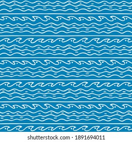 Seamless variable waved stripes horizontal pattern with dots. White on blue curves abstract vector background. Hand drawn curled line art. Design for wallpaper, textile, wrapping, banner,poster,cover