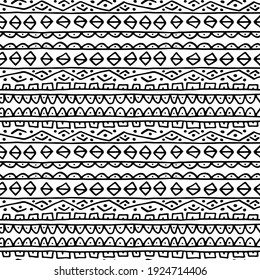 Seamless variable waves, lines, dots striped horizontal pattern. Curves abstract vector background. Hand drawn curled monochrome line art. Design for wallpaper, textile,wrapping, banner, poster, cover