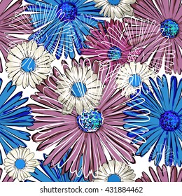 Seamless varicolored background of camomile. Vector