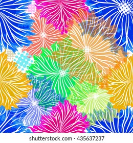 Seamless varicolored flowers background from blots. Vector
