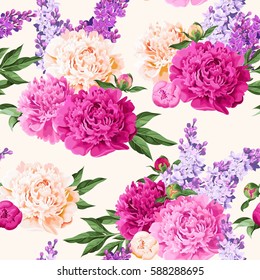 Seamless varicolored peonies and lilac