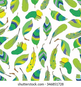 Seamless varied colorful abstract leaves and bird feathers vector pattern. Colorful background on white