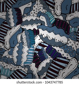 Seamless of Variety Muffins, Poppy seed, Chocolate Chip, Pumpkin Cream, Chocolate and Delicious Breakfast or Dessert Muffins. Pattern on white, blue and black. Vector illustration.