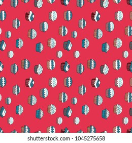 Seamless of Variety Muffins, Poppy seed, Chocolate Chip, Pumpkin Cream, Chocolate and Delicious Breakfast or Dessert Muffins. Pattern on pink, white and blue. Vector illustration.