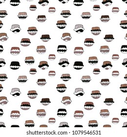 Seamless of Variety Muffins, Poppy seed, Chocolate Chip, Pumpkin Cream, Chocolate and Delicious Breakfast or Dessert Muffins. Pattern on white, black, pink, brown and neutral. Vector illustration.