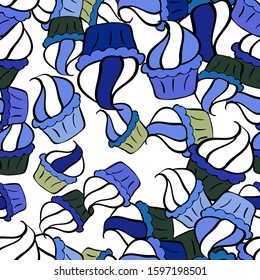 Seamless of Variety Muffins, Poppy seed, Chocolate Chip, Pumpkin Cream, Chocolate and Delicious Breakfast or Dessert Muffins. Vector illustration. Pattern on black, white and blue.