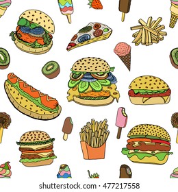 Seamless various food background in doodle style. Vector illustration