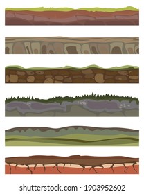 Seamless various sliced soil grounds for ui game. Soils foreground land area in cartoon style with blades of grass, rocks layers. Vector illustration
