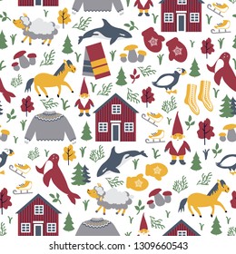 Seamless vecto pattern Icelandic winter clothes, animal, Christmas elf isolated on white background, decorative scandinavian colorful backdrop, cartoon flat european accessory for design wallpaper