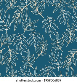 Seamless vectoe pattern with white outline leaves on blue background. Good print for wallpaper, textile, wrapping paper, ceramic tiles