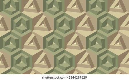 Seamless vector 3D geometric khaki pattern with optical illusions. Op Art. Modern pastel color template for wrapping, cards, fabric, packing. Endless background. Wallpapers. 3D Tile