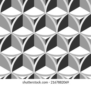 Seamless vector 3D pattern with cubes. Optical illusions. Template for fabric or wrapping. Psychedelic geometric background for cards. Op Art. Monochrome. Surreal wallpapers. White and black. 3D Tiles