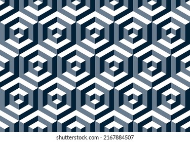 Seamless vector 3D pattern with cubes. Optical illusions. Template for fabric or wrapping. Psychedelic geometric background for cards. Op Art. Monochrome. Surreal wallpapers. White and black. 3D Tiles