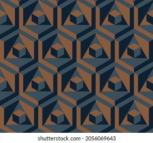 Seamless vector 3D pattern. Endless wrapping paper pattern. Optical illusions. Cubes. Template. Stylish background for cards. Modern geometric textile design. Blue, orange. Backdrop. Wallpapers. Tiles