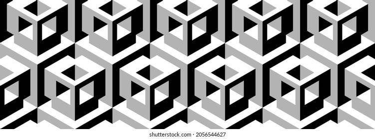 Seamless vector 3D pattern with optical illusions. Cubes. Op Art. Template for fabric or wrapping. Monochrome. Psychedelic geometric background for cards. Surreal wallpapers. White and black. 3D Tiles