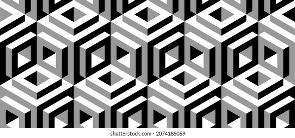 Seamless vector 3D pattern with optical illusions. Cubes. Op Art. Template for fabric or wrapping. Monochrome. Psychedelic geometric background for cards. Surreal wallpapers. White and black. 3D Tiles