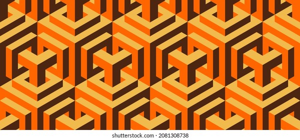 Seamless vector 3D pattern with optical illusions. Cubes. Op Art. Modern template for wrapping, cards, fabric, design interior, packing. Psychedelic geometric design. Background. Wallpapers. 3D Tiles.