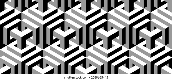 Seamless vector 3D pattern with optical illusions. Cubes. Op Art. Template for fabric or wrapping. Monochrome. Psychedelic geometric background for cards. Surreal wallpapers. White and black. 3D Tiles