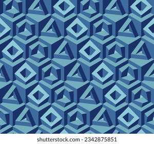 Seamless vector 3D pattern with optical illusions. Cubes. Op Art. Modern template for wrapping, cards, fabric, design interior, packing. Blue geometric design. Background. Wallpapers. 3D Tile