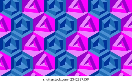 Motif harmonieux vectoriel 3D avec illusions optiques. Cubes. Op Art. Modèle moderne pour l'emballage, les cartes, le tissu, l'intérieur de conception, l'emballage. Design géométrique bleu et rose. Arrière-plan. Papiers peints. Tuile 3D