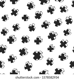 Seamless Vector 3d X Symbol Pattern. Chaotic Plus Elements. Black And White Background. Simple Hand Drawn Design For Fabric, Textile, Wrapping, Cover, Web Etc. 10 Eps. 