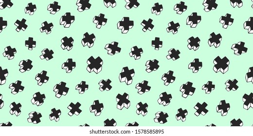 Seamless Vector 3d X Symbol Pattern. Chaotic Plus Elements On Pale Green Background. Simple Hand Drawn Design For Fabric, Textile, Wrapping, Cover, Web Etc. 10 Eps. 