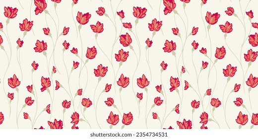 Seamless vector abstact, modern, minimalistic, creative, vintage, colorful flowers background. Intertwined  flowers on a white  background. Vector hand draw ditsy flowers. 