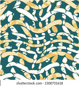 Seamless vector abstract art pattern. Background of colorful oval or circle shapes and lines design. Deep cyan, white and yellow colors. For deign, fabric, textile, cover, web, wrapping etc.