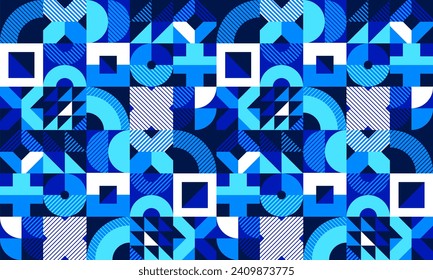 Seamless vector abstract background in blue color, geometric seamless pattern, tiling endless wallpaper with geometrical shapes structure.