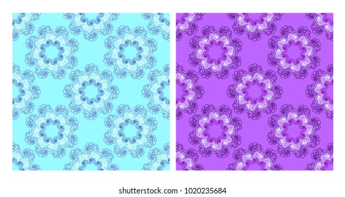 Seamless vector abstract background, purple and light blue fractals. Endless background for fabric Wallpaper decor. Openwork circular weaving lace.