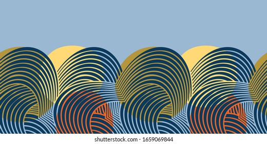 Seamless vector abstract border with orange and yellow ellipses on the light blue background with dark blue arc waves. Colourful geometric decorative texture for interior textiles and fashion.