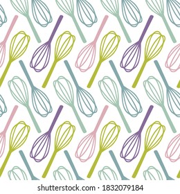 Seamless vector abstract colorful pattern of cartoon kitchen supplies whisks in pastel colors. The design is perfect for decorations, backgrounds, textures, packages, wrapping paper.