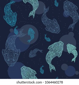 Seamless vector abstract fish pattern with dark blue overnight background. Water, ocean, sky, nature. Printing on fabric, wallpaper, wrappers, for the design of notepads, covers