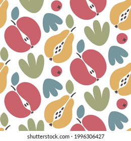 Seamless vector abstract floral pattern with fruits, apples, pears, berries, leaves, plants, abstract elements in boho style for fashion, fabric, wallpaper and all prints