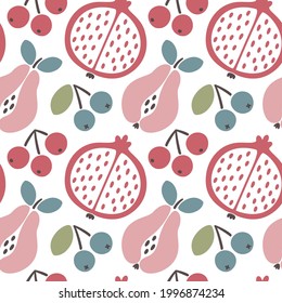 Seamless vector abstract floral pattern with fruits, pears, pomegranates, berries, cherry,  leaves, plants, abstract elements in boho style for fashion, fabric, wallpaper and all prints