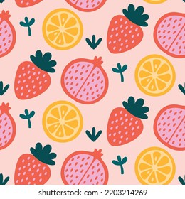 Seamless vector abstract floral pattern with fruits and berries, pomegranates, strawberry, lemon, leaves for fashion, fabric, wallpaper and all prints