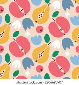 Seamless vector abstract floral pattern with fruits, apple, pear,  leaves, plants, berry, flower