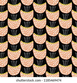 Seamless vector abstract flowers pattern background. Scandinavian peachy orange stylized flowers on black. Part of my "Scandinavian" collection. For web banners, paper, fabric, kids decor, stationary