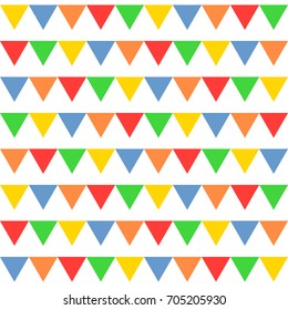 Seamless vector abstract geometric cute pattern. Birthday party, fair horizontal endless colorful garlands on white background. Gift wrapping paper, interior, cloth, textile, fabric or web design.