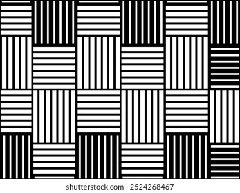 Padrão geométrico abstrato de vetor sem emenda. Tecido têxtil com linhas retas cruzadas a preto e branco. Textura de fundo em um arranjo diagonal. Fundo hipnótico preto e branco.