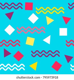 Seamless, vector, abstract geometric, retro,memphis pattern with different colored shapes isolated on blue background