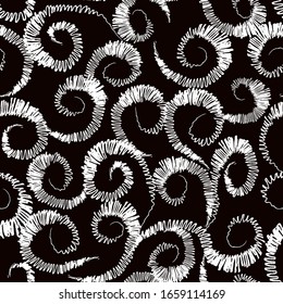 Nahtlose Vektorillustration. Abstrakter geometrischer gestreifter Zickzack-Spiralholz-Stickereihintergrund. Wiederholbare Vorlagen.Für Textilien, Web Design und Alle Oberflächenvorlagen.