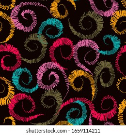 Seamless Vector. Abstract geometric striped zigzag spiral embroidery stitch background. Repeatable ready template.For Textile, web design and All surface templates.