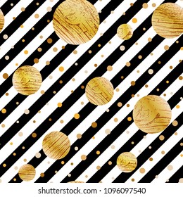 Seamless vector with abstract gold glitter circle texture on black and white stripes. Golden vintage background